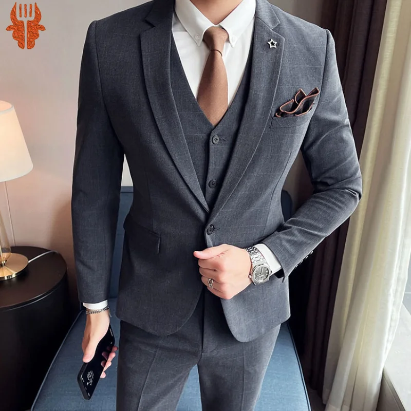 

(Пиджак + жилет + брюки) 2022 эксклюзивный модный мужской Клетчатый повседневный деловой костюм, высококачественный деловой костюм, Свадебный костюм для жениха из 3 предметов