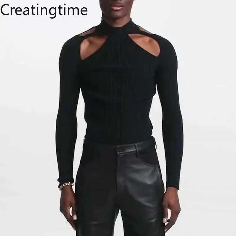 Creatingtime 2022 Spring New Slim Sexy Black Long Sleeve Stand Collar T-shirt Men Fashion Hollow Design Knitted Casual Top GA869
Creatingtime 2022 Spring New Slim Sexy Black Long Sleeve Stand Collar T-shirt Men Fashion Hollow Design Knitted Casual Top GA869