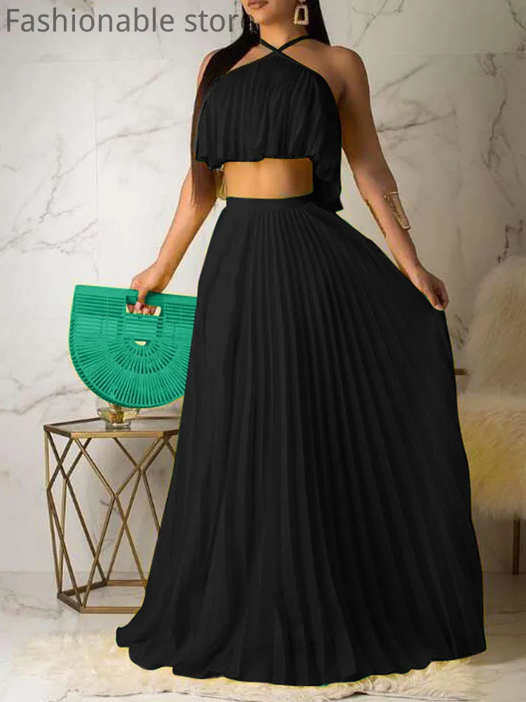 Women Sleeveless Cross Halter Chiffon Crop Top And High Waist Pleated Skirts 2Piece Sets
Women Sleeveless Cross Halter Chiffon Crop Top And High Waist Pleated Skirts 2Piece Sets