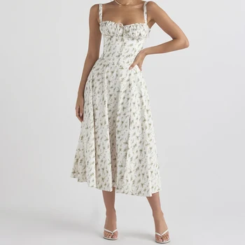 PASSIONNÉ Women’s Dress Floral Print Suspender Lace Up High Waist Split Elegant Fashion Female Clothing 2023 Casual Fashion New