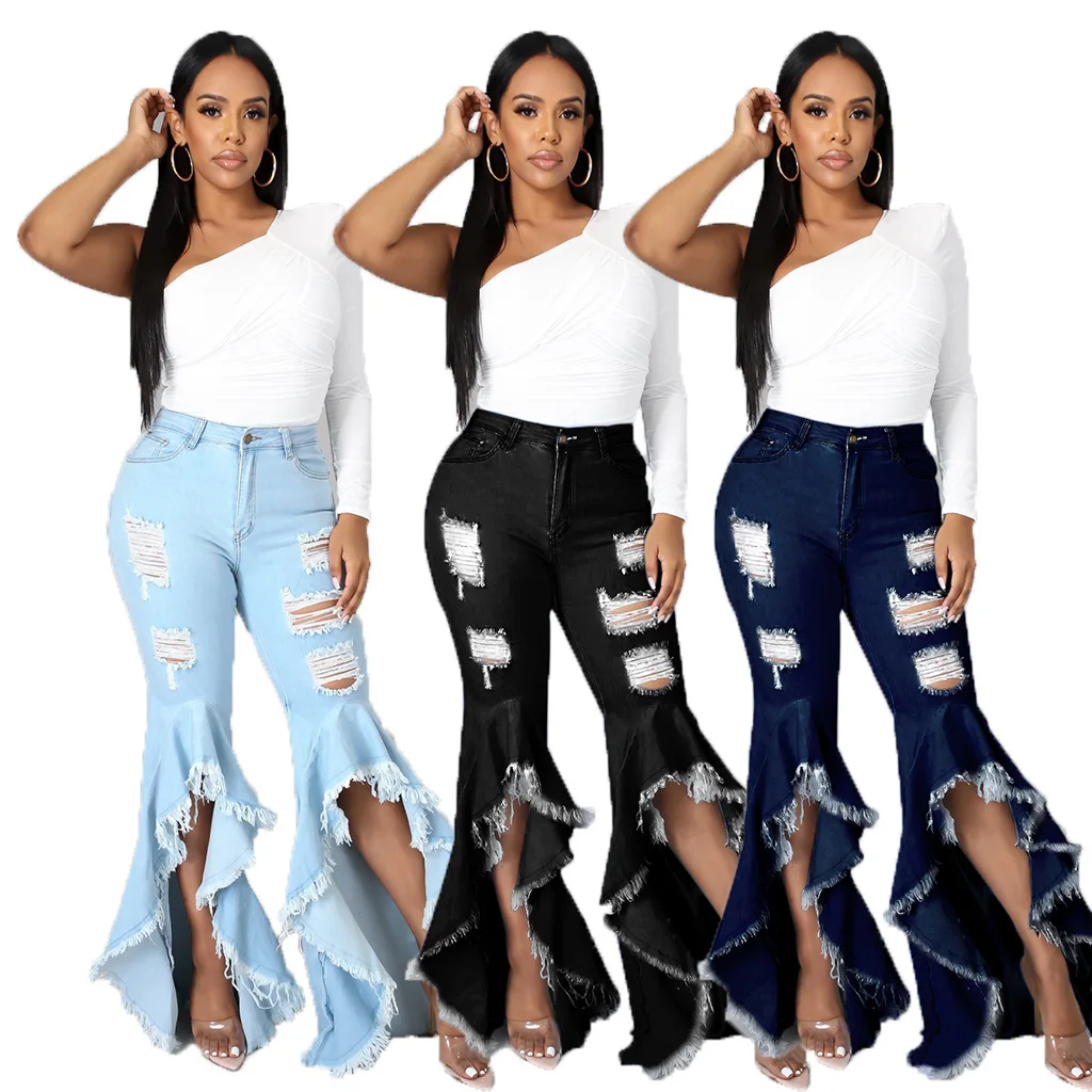 Sexy Ripped Flare Jeans Fringe Hollow Out Ruffle Water Wash Denim Pants 2022 High Waist Bodycon Hole Women Trousers Club Outfits
Sexy Ripped Flare Jeans Fringe Hollow Out Ruffle Water Wash Denim Pants 2022 High Waist Bodycon Hole Women Trousers Club Outfits