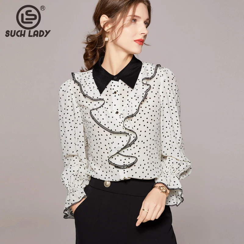 100% Natural Silk Women's Shirt Turn Down Collar Ruffles Long Sleeves Dots Printed Elegant Fashion Blouse Tops 
100% Natural Silk Women's Shirt Turn Down Collar Ruffles Long Sleeves Dots Printed Elegant Fashion Blouse Tops