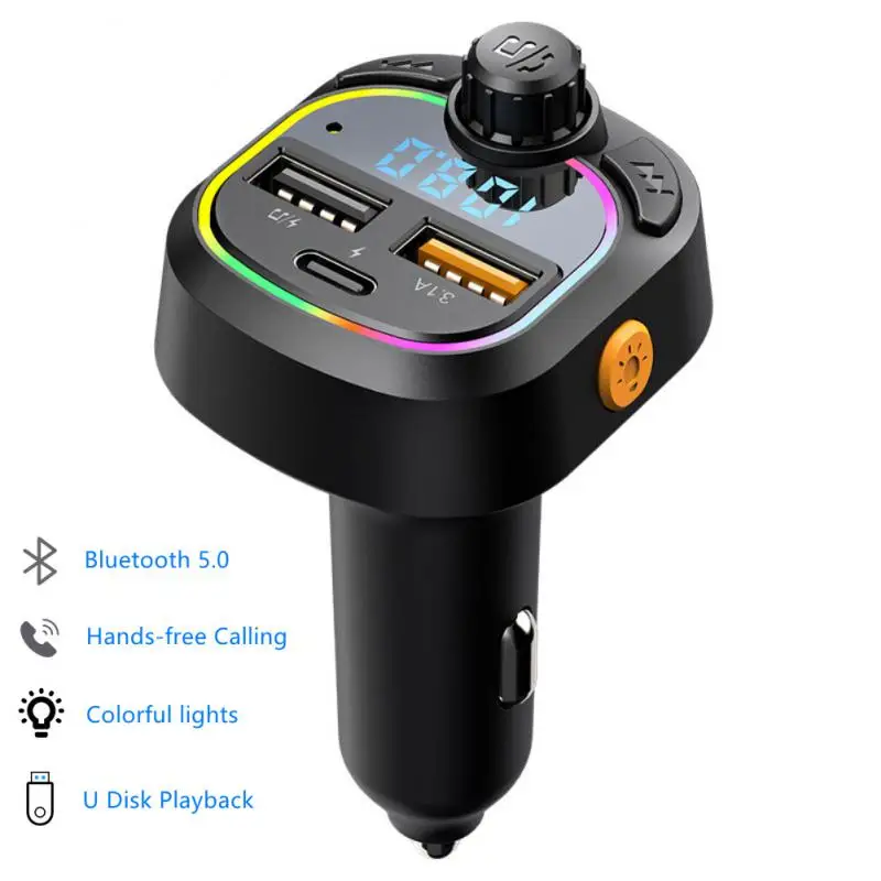 

Автомобильное зарядное устройство с двумя USB-портами, Bluetooth 5,0, автомобильный FM-передатчик, громкая связь, радио, MP3-плеер, цветной модулятор освещения