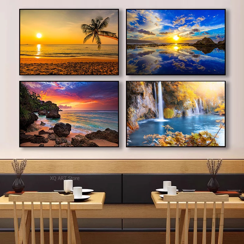 

Hawaii Beach Landscape Canvas Paintings And Print Sunset Gold Sea Pictures Tropical Palm Tree Wall Art Poster Scenery Home Decor