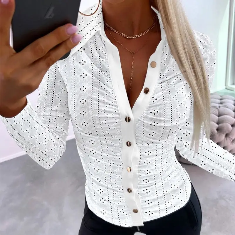 

Eyelet Embroidery Ruched Buttoned Shirt Hook Flower Hollow Single Breasted Turn Down Collar Slim Full Sleeve Solid Color
