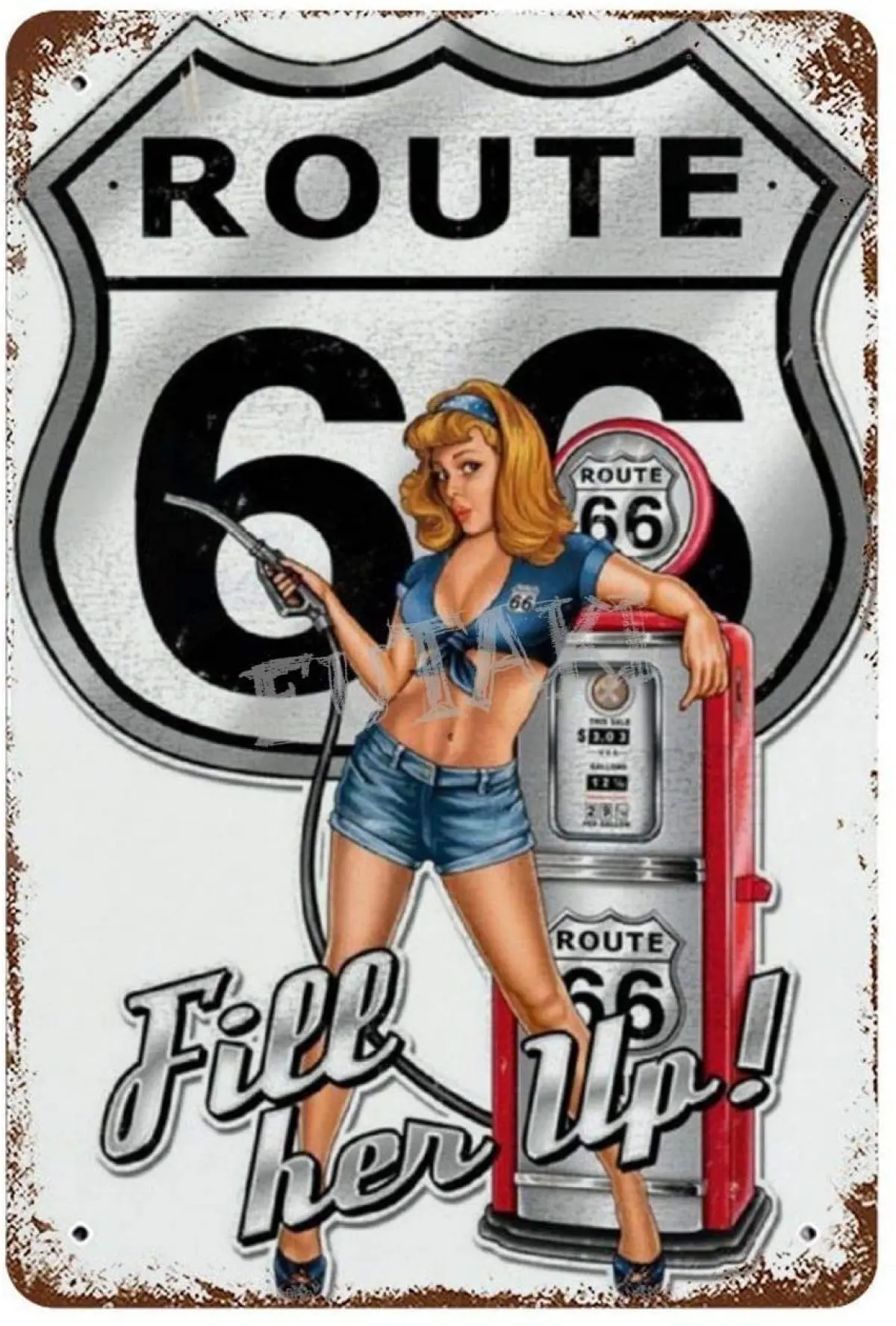 Route 66 Fill Each Up Pinup Girl Vintage Tin Sign Art Iron Painting Rusty Poster Decoration Aluminum plaque
Route 66 Fill Each Up Pinup Girl Vintage Tin Sign Art Iron Painting Rusty Poster Decoration Aluminum plaque