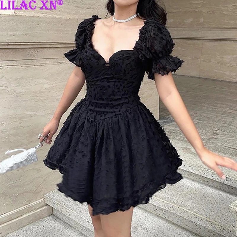 Goth Sexy V-Neck Black Puff Short Sleeve Party Dresses Elegant Lace Trim Jacquard Lolita High-waist Summer Dresses for Women
Goth Sexy V-Neck Black Puff Short Sleeve Party Dresses Elegant Lace Trim Jacquard Lolita High-waist Summer Dresses for Women