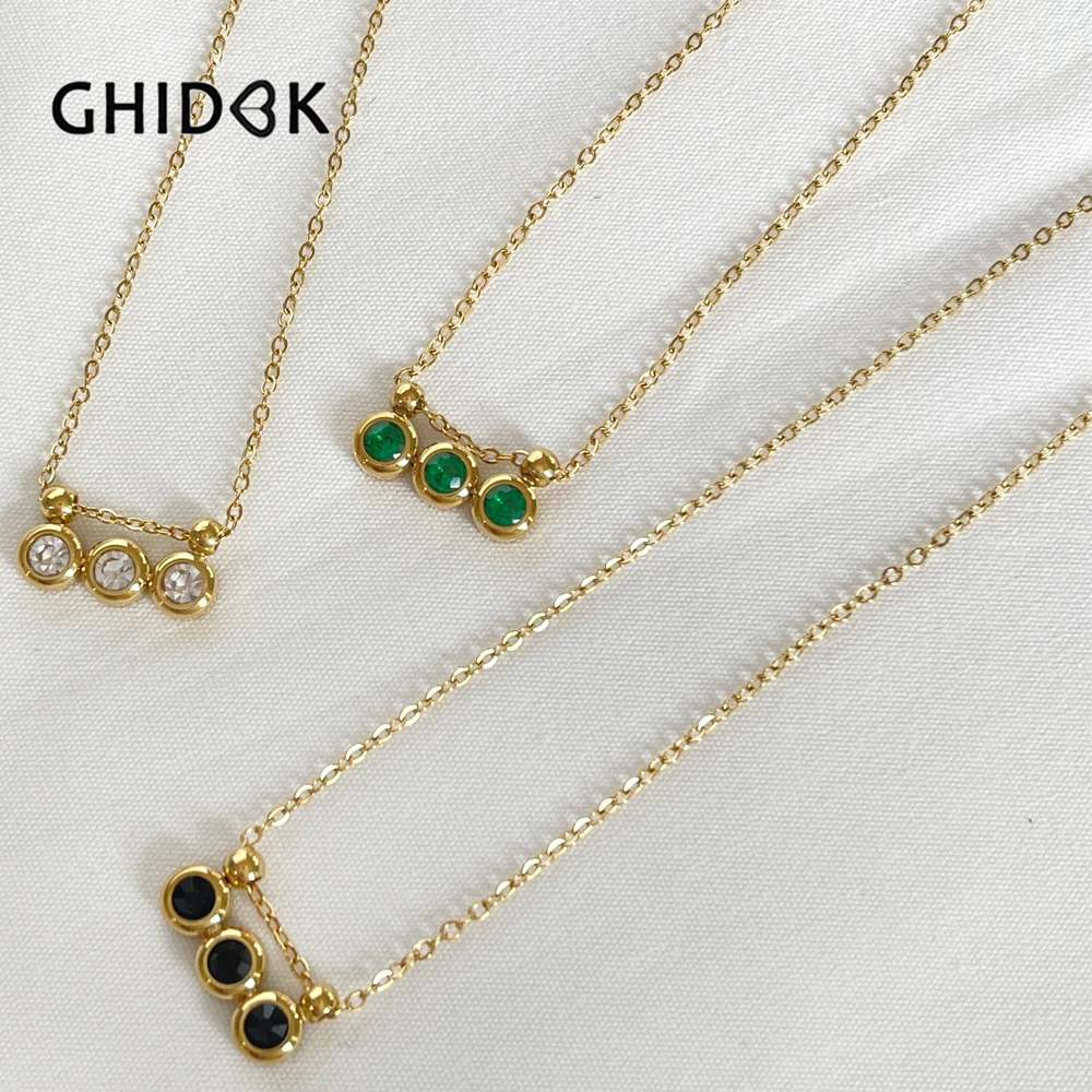 

GHIDBK 18K Gold Pvd Plated Bezel Set Triple Cz Zirconia Necklace for Women Dainty Stainless Steel Anti Tarnish Jewelry Gifts