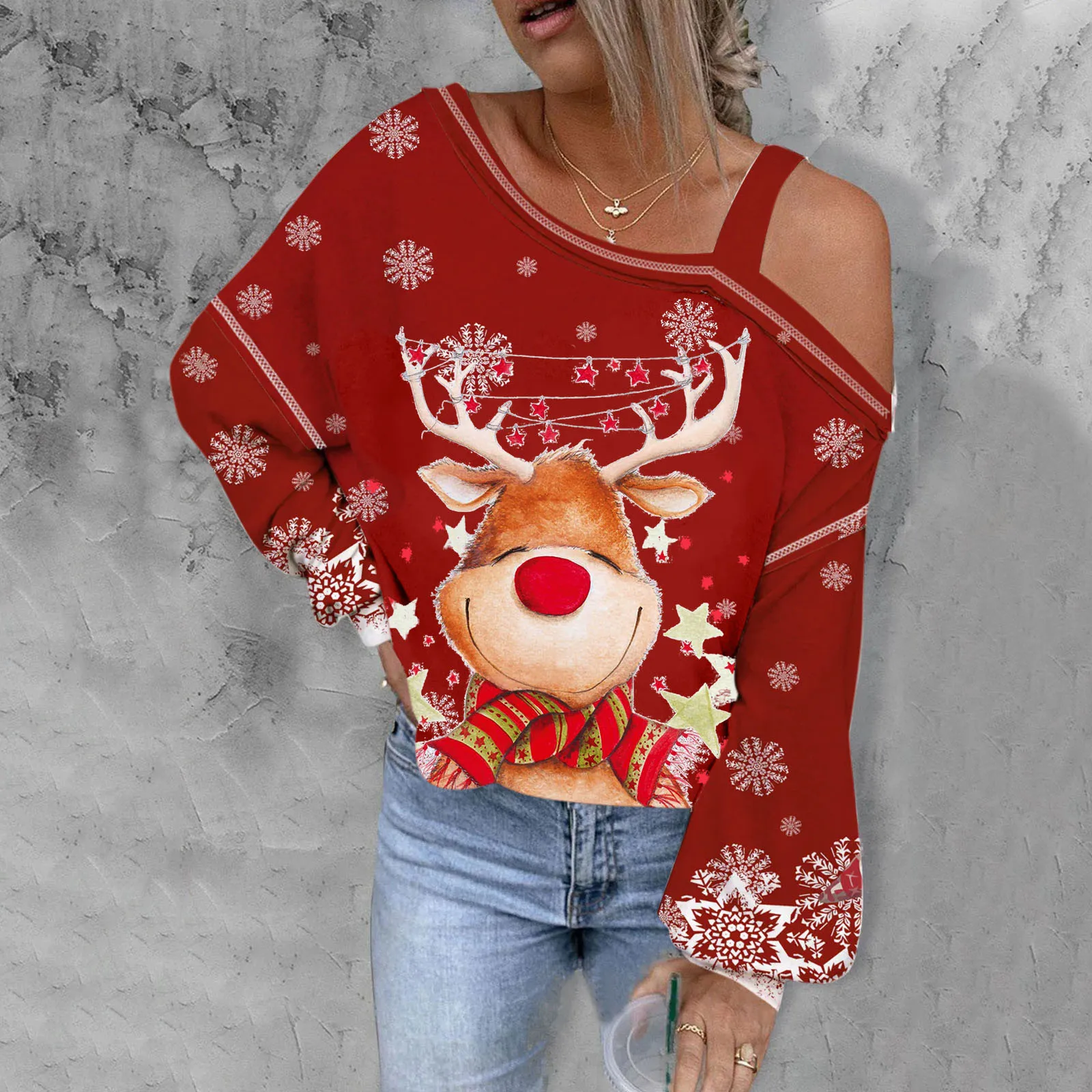 

Women Christmas Long Sleeve Christmas Deer Head Print Asymmetric Dew Shoulder Blouse T Shirt Top Mom Lounge Shirt