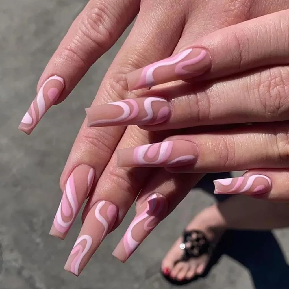 24Pcs Fake nails with Rose color lines designs Long Coffin False Nails Press on nail French Ballerina nails nail art patch nail
24Pcs Fake nails with Rose color lines designs Long Coffin False Nails Press on nail French Ballerina nails nail art patch nail