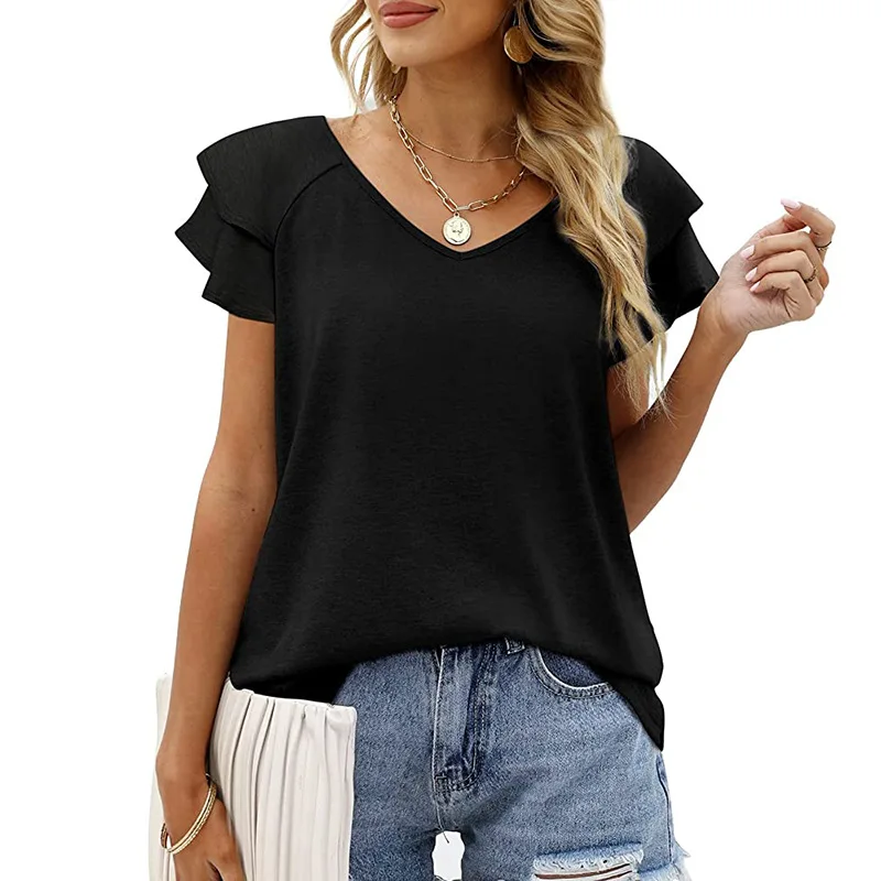 Ladies Summer Short Sleeve T-Shirt Solid Color V Neck Tops Ruffles Women's Shirts Casual Loose Top Women
Ladies Summer Short Sleeve T-Shirt Solid Color V Neck Tops Ruffles Women's Shirts Casual Loose Top Women