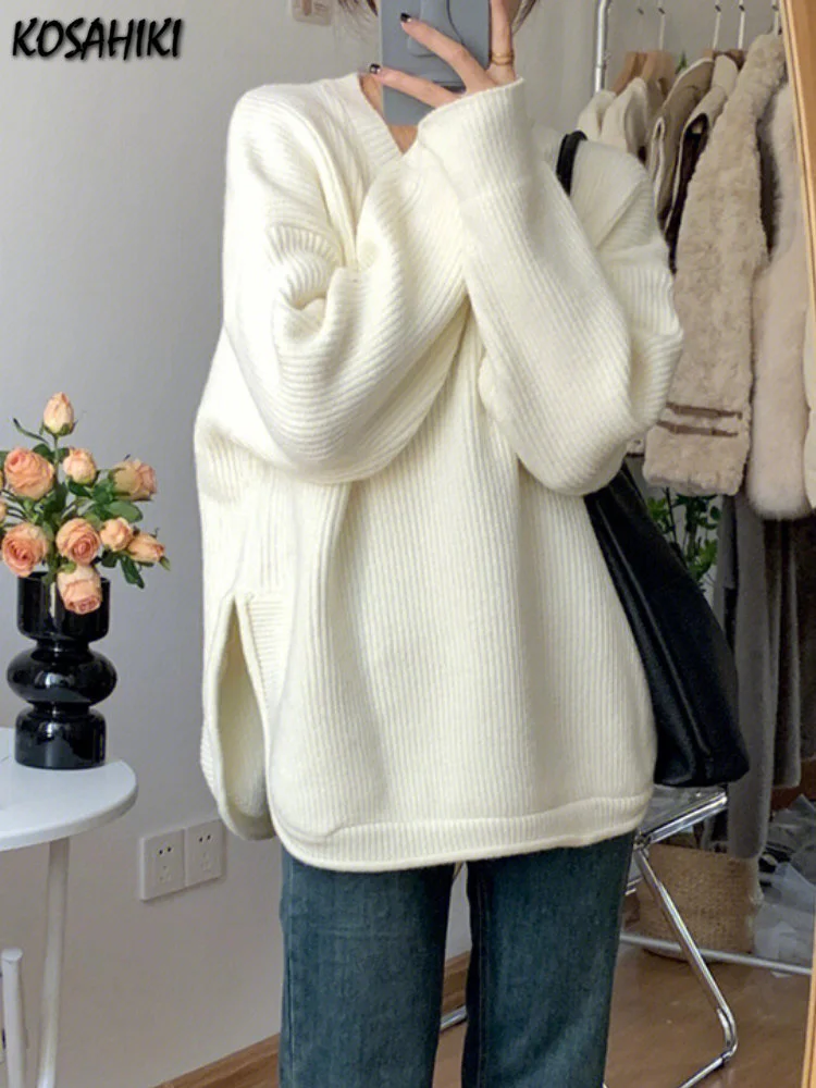 Casual Solid Knit Sweater Women Korean Fashion Loose All Match Split Side Pullover Y2k Vintage Jumper Knitwear 
Casual Solid Knit Sweater Women Korean Fashion Loose All Match Split Side Pullover Y2k Vintage Jumper Knitwear