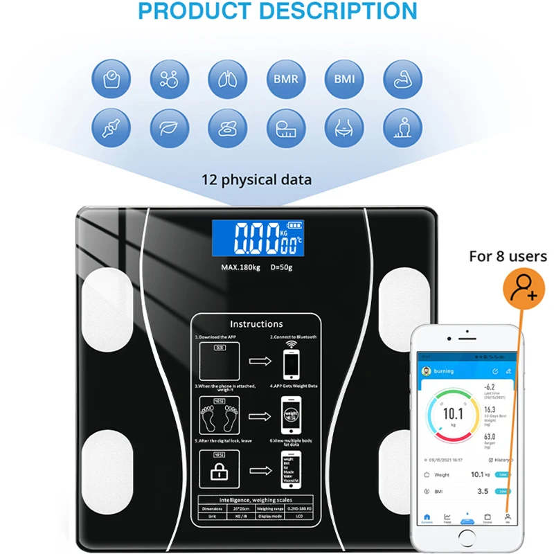 1PC Bluetooth Smart Body Fat Scales LED Digital Weight Scale BMI Body Composition Analyzer With Smartphone APP
1PC Bluetooth Smart Body Fat Scales LED Digital Weight Scale BMI Body Composition Analyzer With Smartphone APP