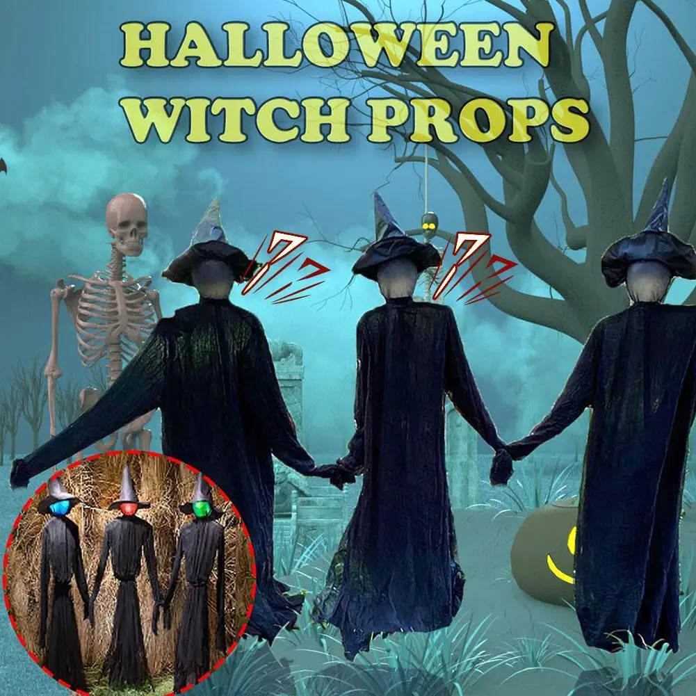 

120CM Light-Up Witches With Stakes Halloween Decorations Outdoor Holding Hands Screaming Witches Sound Activated Sensor Decor