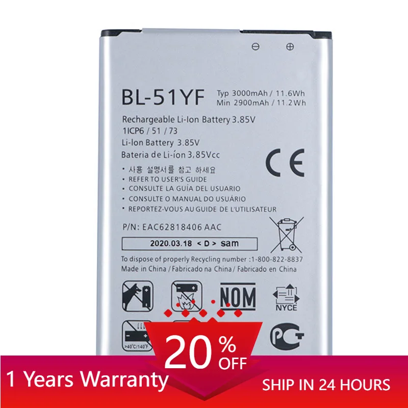 Original BL-51YF Battery for LG G4 H815 H818 H810 VS999 F500 3000mAh
Original BL-51YF Battery for LG G4 H815 H818 H810 VS999 F500 3000mAh