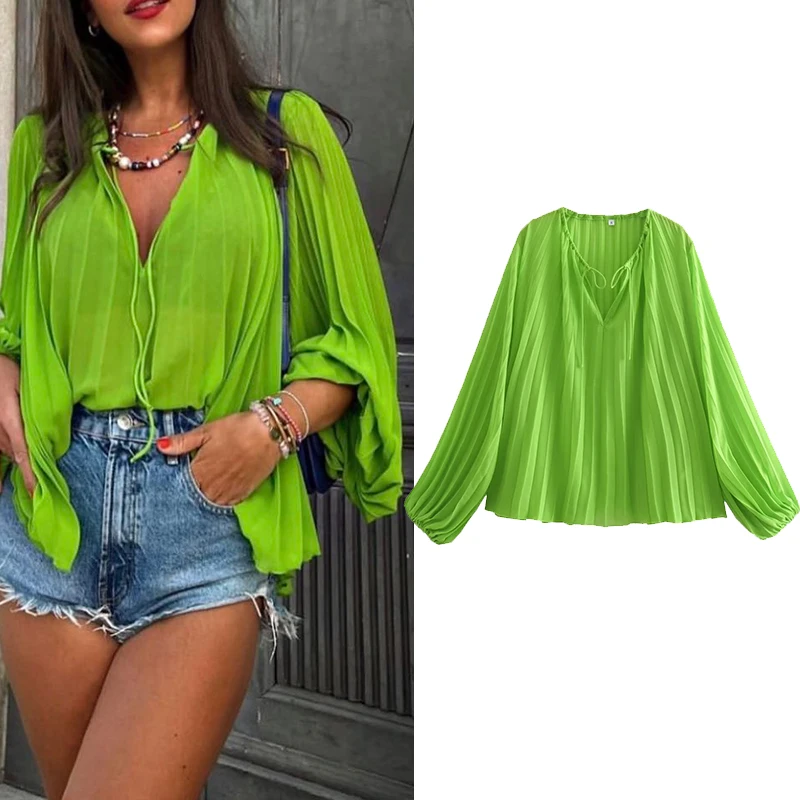 2022 Spring Women Fashion Green Pleated Shirt Versatile Long Sleeve O Neck Lacing Female Pullovers Chic Top SHE8357
2022 Spring Women Fashion Green Pleated Shirt Versatile Long Sleeve O Neck Lacing Female Pullovers Chic Top SHE8357