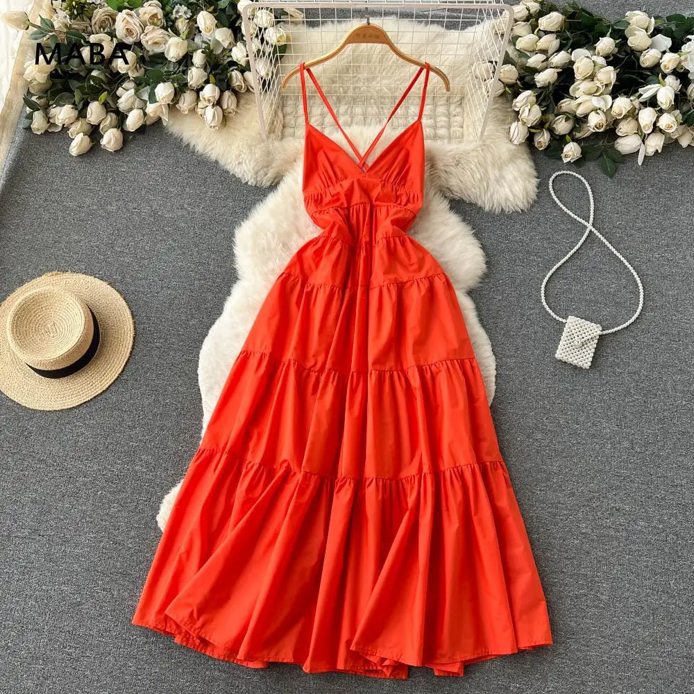 

Женское пляжное платье с открытой спиной, оранжевое длинное платье на бретелях-спагетти с V-образным вырезом, богемный праздничный сарафан с широкой юбкой, лето 2023