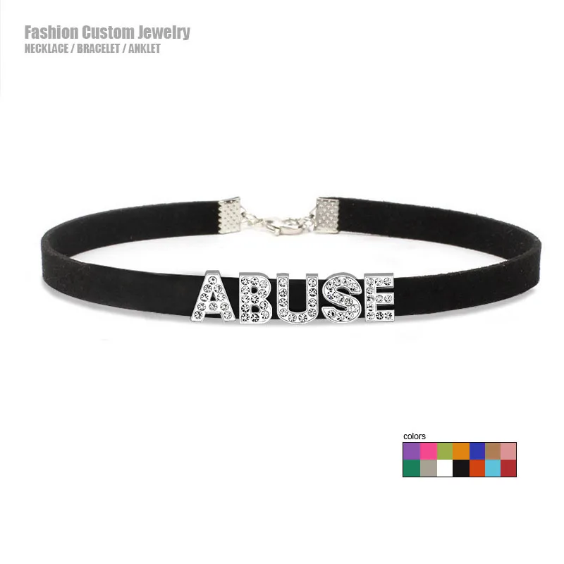 Sexy Rhinestone Letters ABUSE Suede Leather Choker Necklace Women Custom Name Collar Chocker Personalized Costume Party Jewelry
Sexy Rhinestone Letters ABUSE Suede Leather Choker Necklace Women Custom Name Collar Chocker Personalized Costume Party Jewelry