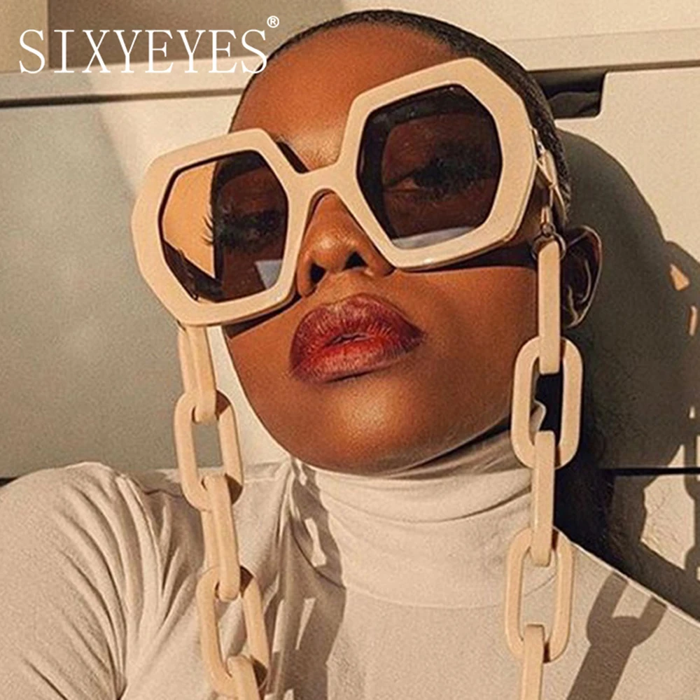 

2022 Sunglasses Hexagon with Chain for Women Luxury Brand Polygon Oversized Sun Glasses Female Vintage Punk Eyewear Men Shades