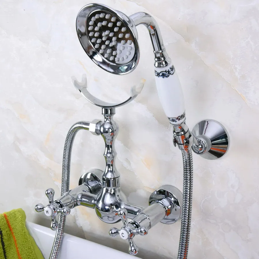 

Polished Chrome Brass Wall Mounted Bathtub Clawfoot Tub Bathroom Hand Held Shower Head Faucet Set W/ Bracket Wall Fixture ana251