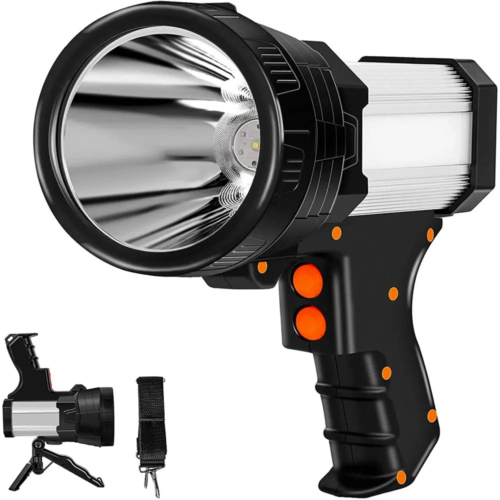 

120000 Lumen LED Rechargeable Spotlight, 10000 mAh LED Rechargeable Flashlights with Collapsible Tripod & Strip Hunting Boat Ca