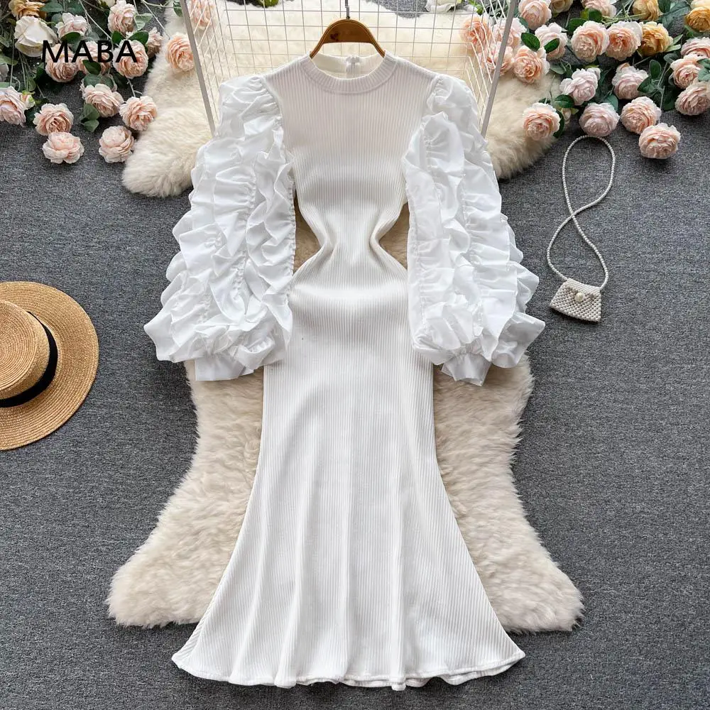 2023 Autumn Women Knitted Patchwork Long Dress Ladies Ruffle Puff Sleeve Slim Black/white Luxury Designer Formal Party Gowns
2023 Autumn Women Knitted Patchwork Long Dress Ladies Ruffle Puff Sleeve Slim Black/white Luxury Designer Formal Party Gowns