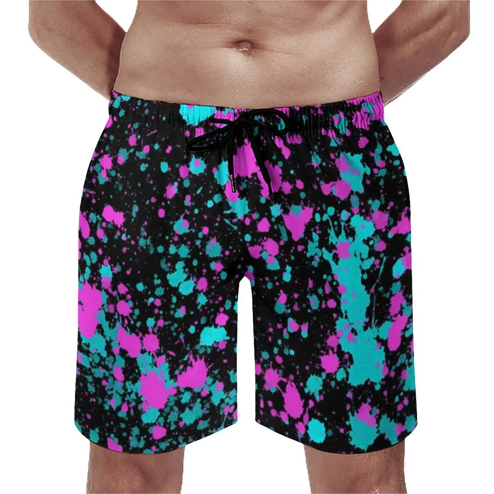 

Paint Splatter Board Shorts Summer Modern Pink and Aqua Hawaii Board Short Pants Sports Surf Quick Dry Graphic Swimming Trunks