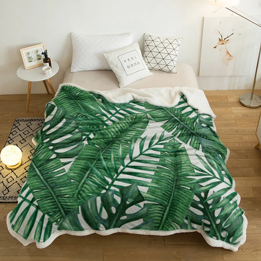 

Tropical Jungle Palm Leaf Green Plant Lamb Cashmere Fleece Blanket Home Bed Sofa Winter Sherpa Bedding Kids Thick Bedspread