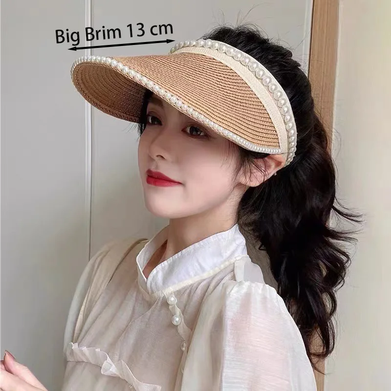 

Pearls Straw Hat Women Beach Sun Visor Empty Top Summer Casquette Wide Brim Sunshade Handmade Bonnet UV Protection Travel Caps