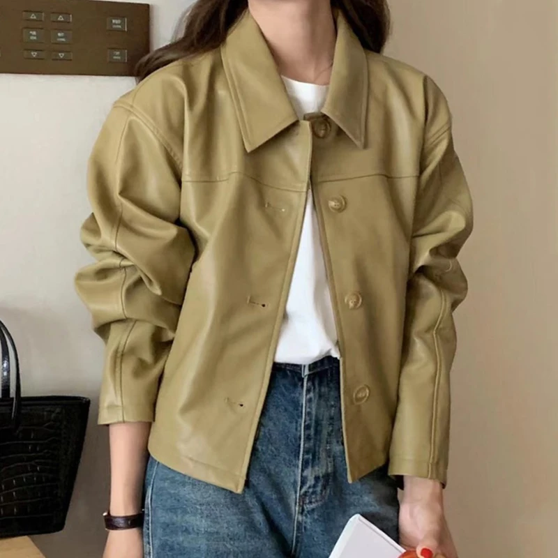 SuperAen Korean Chic Autumn Lapel Single Breasted Loose PU Leather Long Sleeve Short Leather Coat Women
SuperAen Korean Chic Autumn Lapel Single Breasted Loose PU Leather Long Sleeve Short Leather Coat Women
