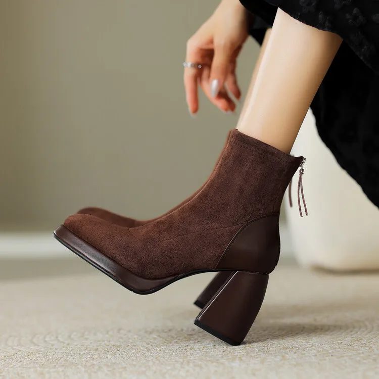 

New2023 Autumn Women Brown Ankle Boots Platform Pointed Toe Suede Short Botas Square High Heels Chelsea Botines Sapatos Femmes