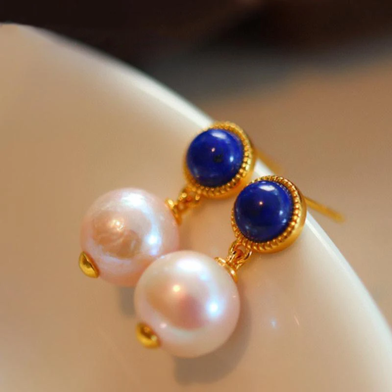 

Original design pearl earring silver inlaid vintage high-end lapis lazuli ear studs ladies wedding engagement jewelry gift