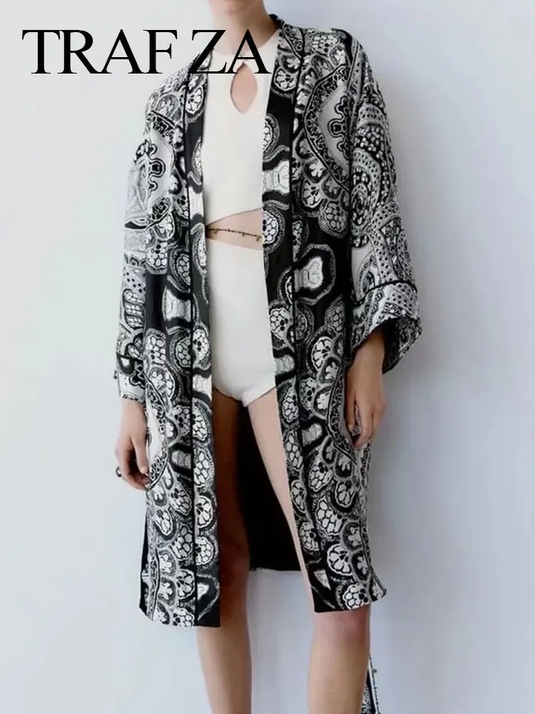 TRAF ZA Fashion Women's Kimono Style Long Coat Wide Sleeves Cardigan Belt Tie Retro Print Loose Temperament Jacket Black White
TRAF ZA Fashion Women's Kimono Style Long Coat Wide Sleeves Cardigan Belt Tie Retro Print Loose Temperament Jacket Black White