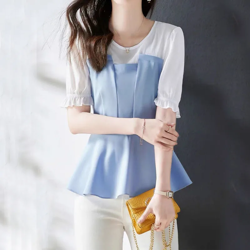 Fashion Patchwork Elegant Chiffon Pullover Shirt Ladies Commuter Summer Female Clothing Casual O-Neck Short Sleeve Slim Blouses
Fashion Patchwork Elegant Chiffon Pullover Shirt Ladies Commuter Summer Female Clothing Casual O-Neck Short Sleeve Slim Blouses