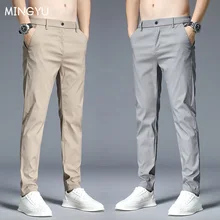 Autumn Winter Casual Pants Men Thick Stretch Slim Fit Elastic Waist Cotton Business Classic Korean Trousers Male Khaki Gray 38