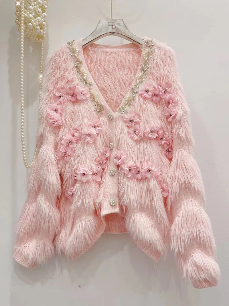 Fluffy Sweaters For Women Heavy Engineering Beaded V-neck Mink Sweater Sexy Single Breasted 3D Flower Knitting Cardigans
Fluffy Sweaters For Women Heavy Engineering Beaded V-neck Mink Sweater Sexy Single Breasted 3D Flower Knitting Cardigans