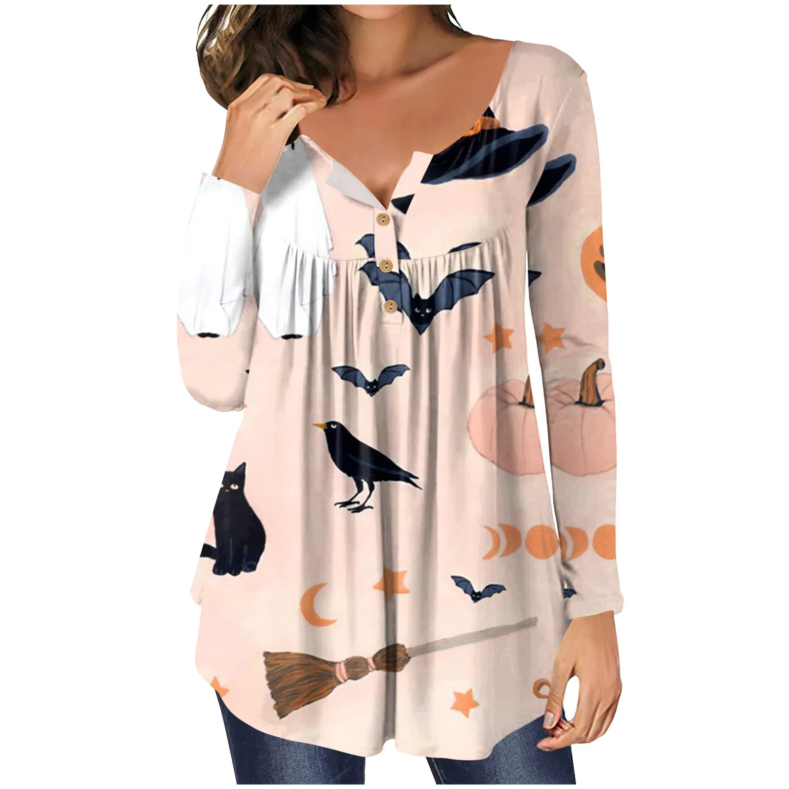 Female Clothing Halloween Cute Animal Printed With Button V Neck Festival Vacation Slim Fit Simple Tops Women Blouse Camisetas
Female Clothing Halloween Cute Animal Printed With Button V Neck Festival Vacation Slim Fit Simple Tops Women Blouse Camisetas