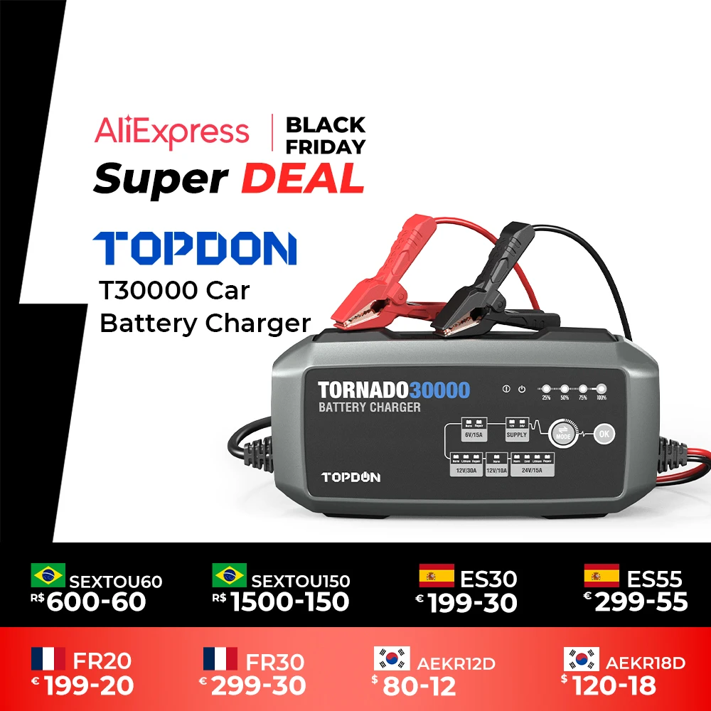 

Topdon T30000 Car Battery Charger 6V/12V/24V Automatic Lead Acid Lithium Batteries Charger IP65 Car Motorcycle Battery Charger