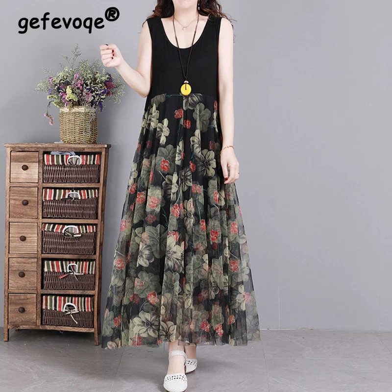 2022 Summer New Literary Vintage O- Neck Patchwork Mesh Floral Print Big Swing Long Tank Dress Ladies Loose Casual Robe Dresses 
2022 Summer New Literary Vintage O- Neck Patchwork Mesh Floral Print Big Swing Long Tank Dress Ladies Loose Casual Robe Dresses