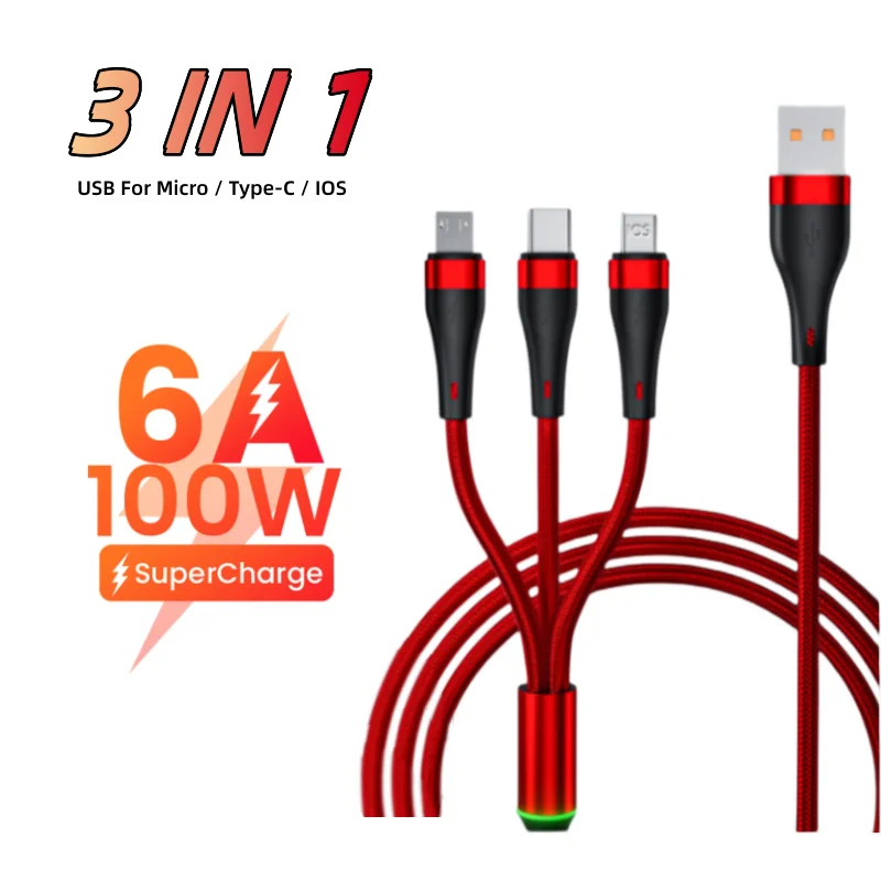 6A USB Cable 3 in 1 Fast Charge For iPhone Type C Micro 4FT 100W Phone Cord Data Cables For Car Samsung Xiaomi Huawei OnePlus LG
6A USB Cable 3 in 1 Fast Charge For iPhone Type C Micro 4FT 100W Phone Cord Data Cables For Car Samsung Xiaomi Huawei OnePlus LG