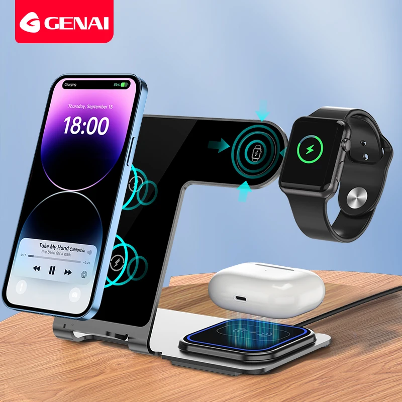 GENAI 3 in 1 Wireless Fast Charging Station Portable Magnetic Aluminum Alloy Wireless Phone Holder Charger Stand for Office Home
GENAI 3 in 1 Wireless Fast Charging Station Portable Magnetic Aluminum Alloy Wireless Phone Holder Charger Stand for Office Home