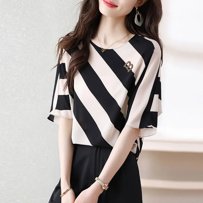 

Пуловеры, футболки с коротким рукавом и круглым вырезом, тонкие свободные полосатые повседневные Простые элегантные летние темпераментные женские футболки в Корейском стиле