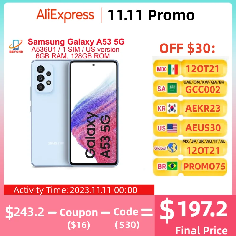 

Смартфон Samsung Galaxy A53, 6,5 дюйма, 8 + 128/256 ГБ, Android