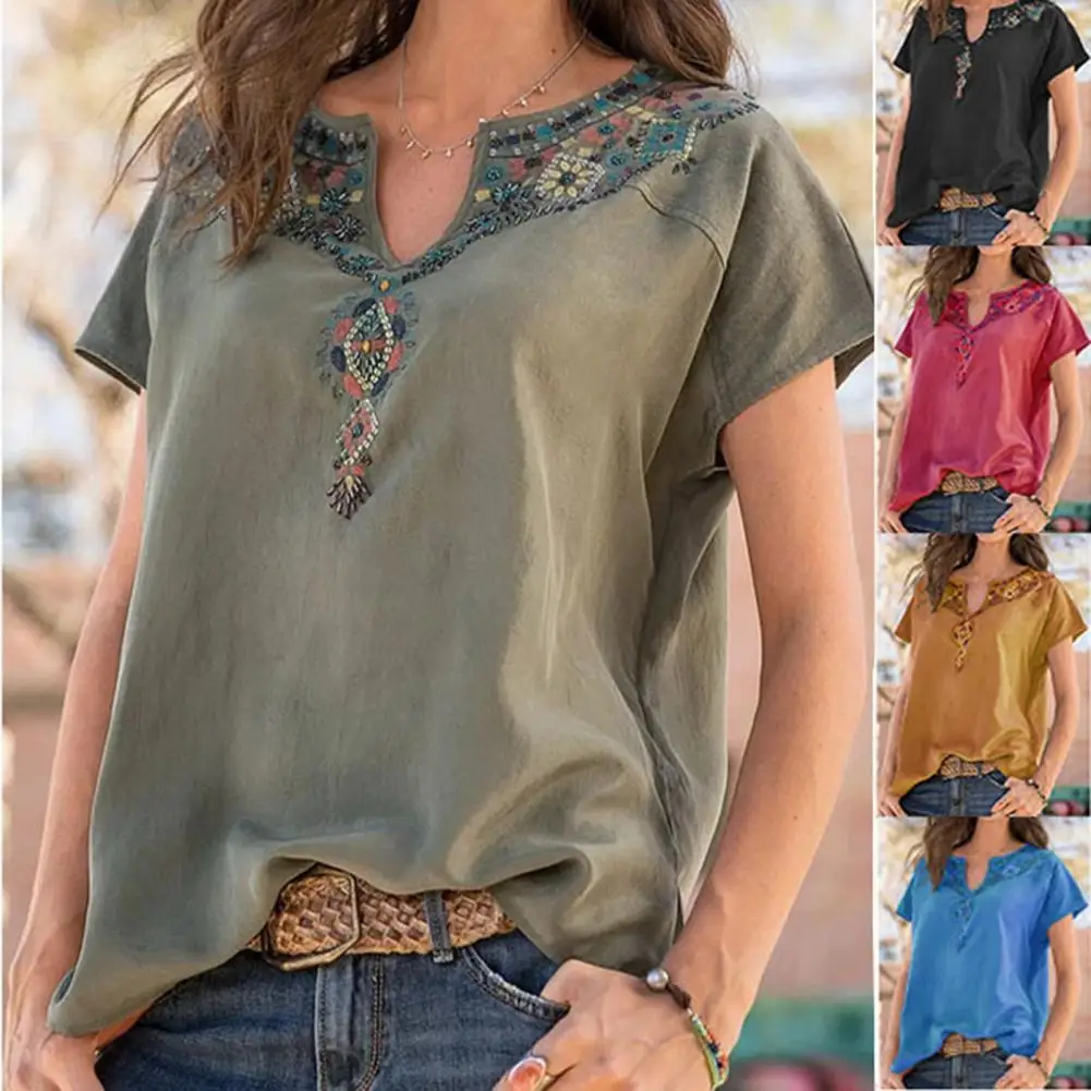 Women Blouse Ethnic Style Printed Patchwork Spring Summer Loose-fitting Pure Color T-shirt Vintage Ladies Tops Pullover for Work
Women Blouse Ethnic Style Printed Patchwork Spring Summer Loose-fitting Pure Color T-shirt Vintage Ladies Tops Pullover for Work