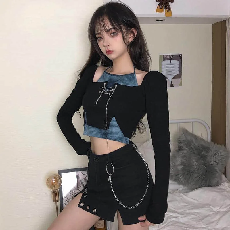 Y2k Tie Dye Fashion Gothic Chains T-shirt Patchwork Halter Crop Top for Women Autumn Long Sleeve Tee Shirt Ladies Streetwear
Y2k Tie Dye Fashion Gothic Chains T-shirt Patchwork Halter Crop Top for Women Autumn Long Sleeve Tee Shirt Ladies Streetwear