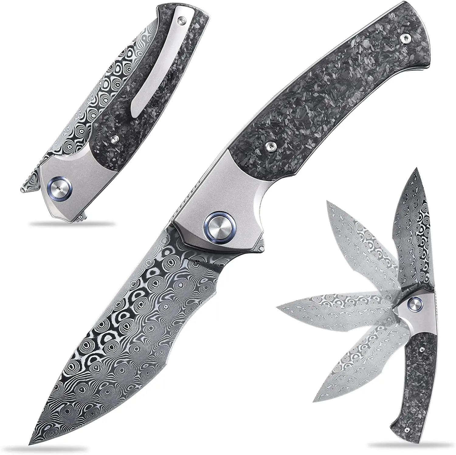 

Sitivien ST255 Folding Knife,Damascus Rose Print Pattern Blade,Titanium Carbon Fiber Handle EDC Knife for Collection Working