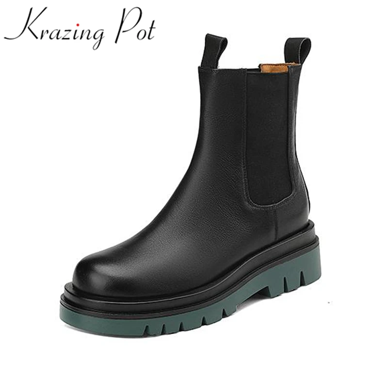 

Krazing Pot Cow Leather Round Toe Thick Bottom Winter Keep Warm Chelsea Boots Slip On Vintage Fashion Platform Ins Ankle Boots
