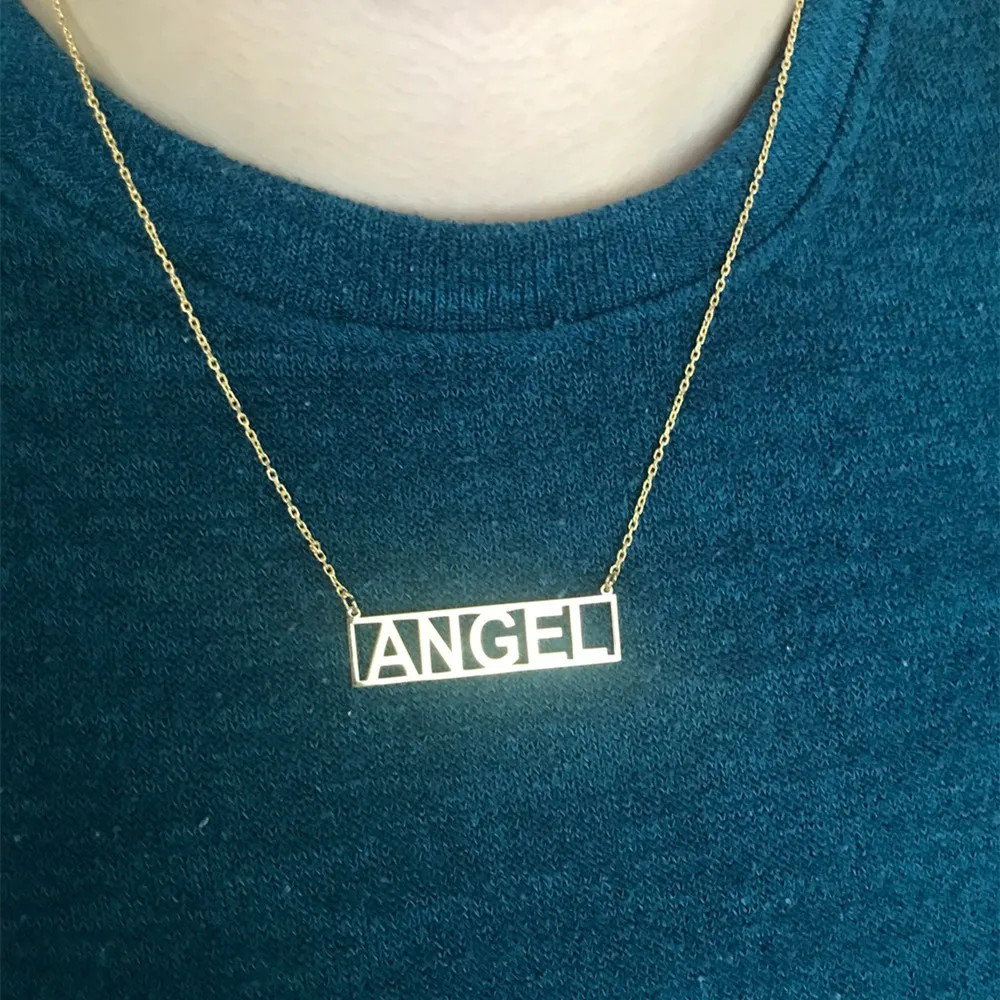 

Personalized Nameplate Name Necklaces Stainless Steel Hollow Bar Square Pendant Necklace Women Fashion Rectangle Choker Collar