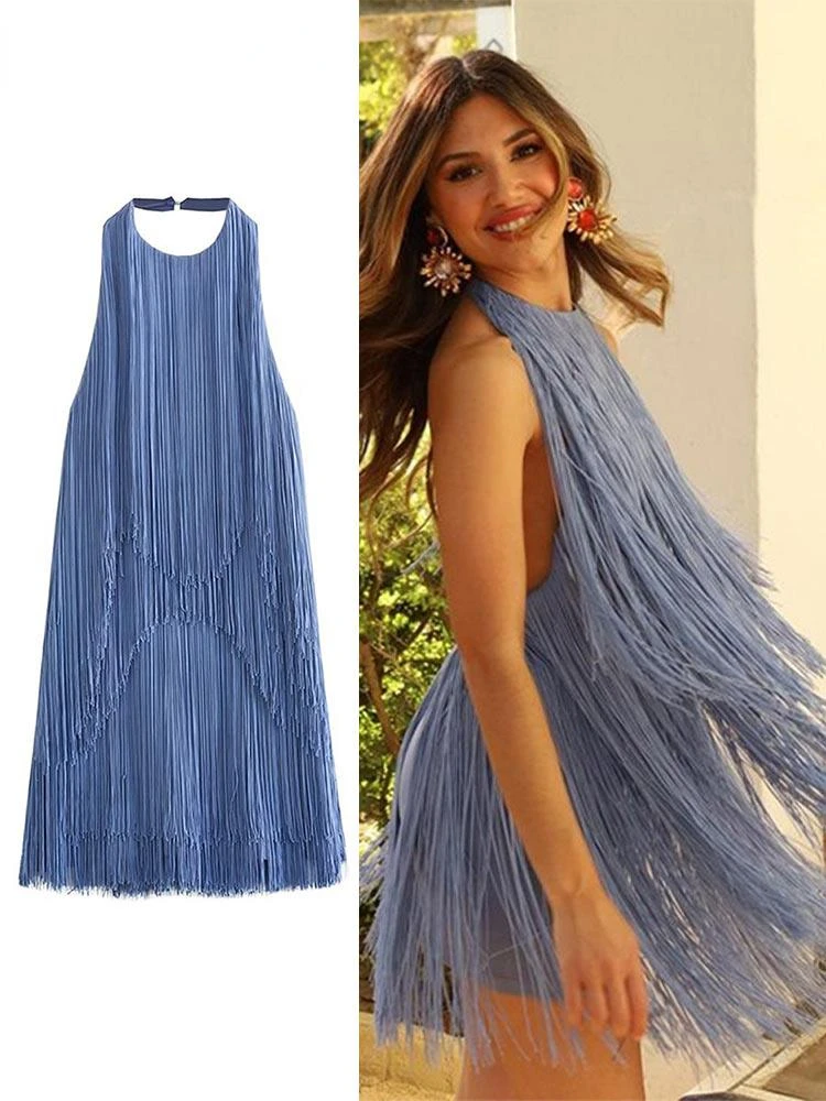 2023 Sexy Backless Tassels Women Mini Dress Blue Loose Halter Sleeveless A-Line Evening Party Dresses Female Summer Vestido
2023 Sexy Backless Tassels Women Mini Dress Blue Loose Halter Sleeveless A-Line Evening Party Dresses Female Summer Vestido
