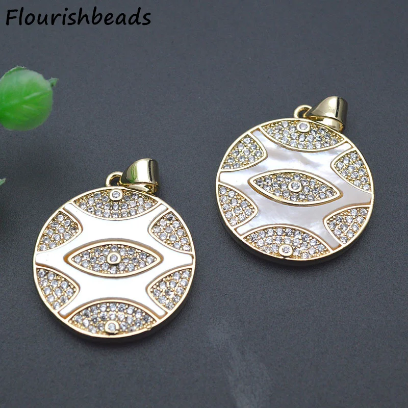 

Lucky Turkish Evil Eye Anti Fading 18K Gold Plated CZ Pave Natural Mop Shell Round Pendants for Diy Jewelry Necklace Making 5pcs